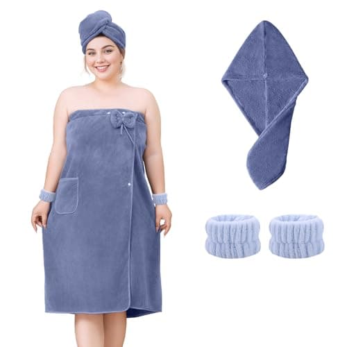 Defresit Towel Wrap for Women Plus Size-Wearable Shower Towel Wrap with Hair Towel Wristbands Closure Elastic Top Soft Adjustable Microfiber Dress Towel Spa Wraps for Women's Bathrobe(Blue)