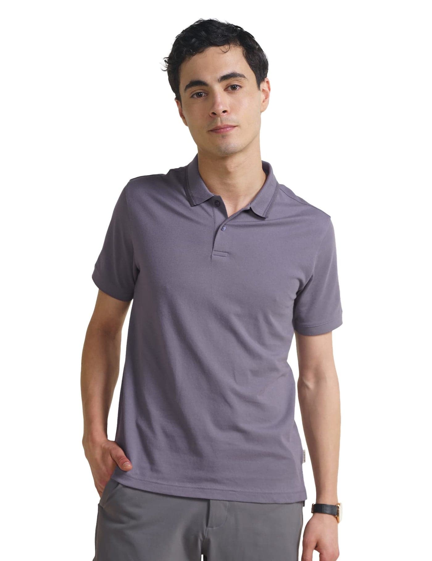 DAMENSCH All-Degree Solid Buttoned Polo T Shirt for Man, Pique Textured, Cotton, Thermoregulating Mens T Shirts with Collar, Recycled Fabric Tshirt Polo-Lavender Blue-L