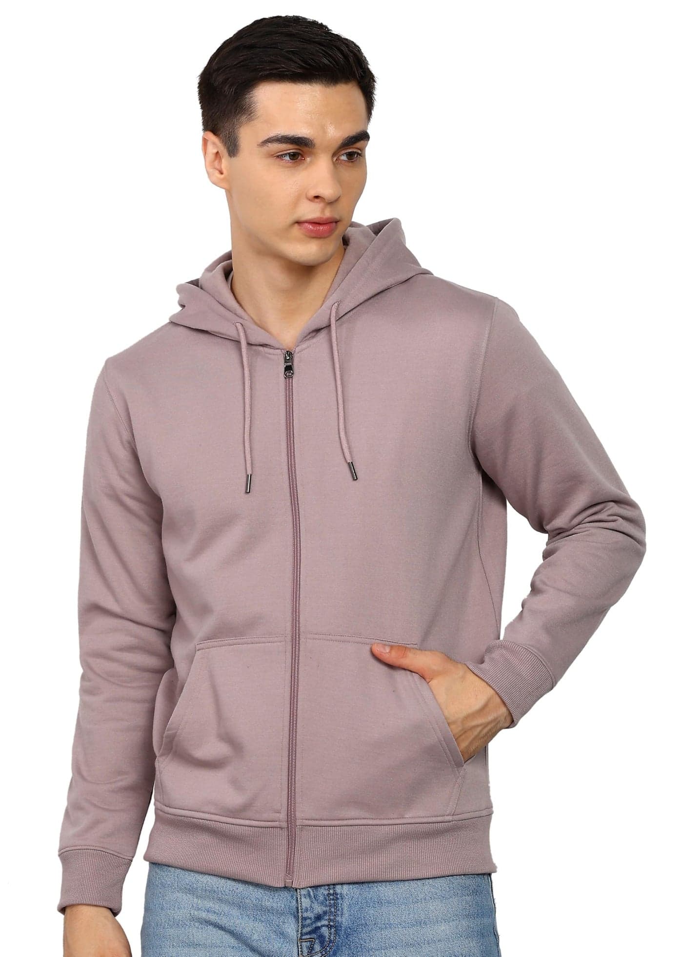 Alan Jones Clothing Men’s Solid Hooded Sweatshirt | Zip-Up Hoodie Jacket with Kangaroo Pocket, Drawstring Hood & Ribbed Hem | Casual Winterwear (Light Purple_2XL)
