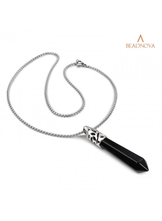 BEADNOVA Healing Crystal Necklace for Women Men Black Onyx Crystal Pendant Energy Healing Gemstones Jewelry Pendulum Crystal Divination (Hexagonal, 18 Inches Stainless Steel Chain)