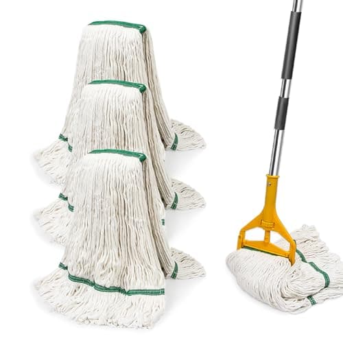 kCarpoly 3 Pack Heavy Duty Commercial Industrial Mop Replacement Heads with 48'' Long Handle, 20oz Looped-End String Wet Cotton Mops Refills for Home,Garage,Office and Kitchen