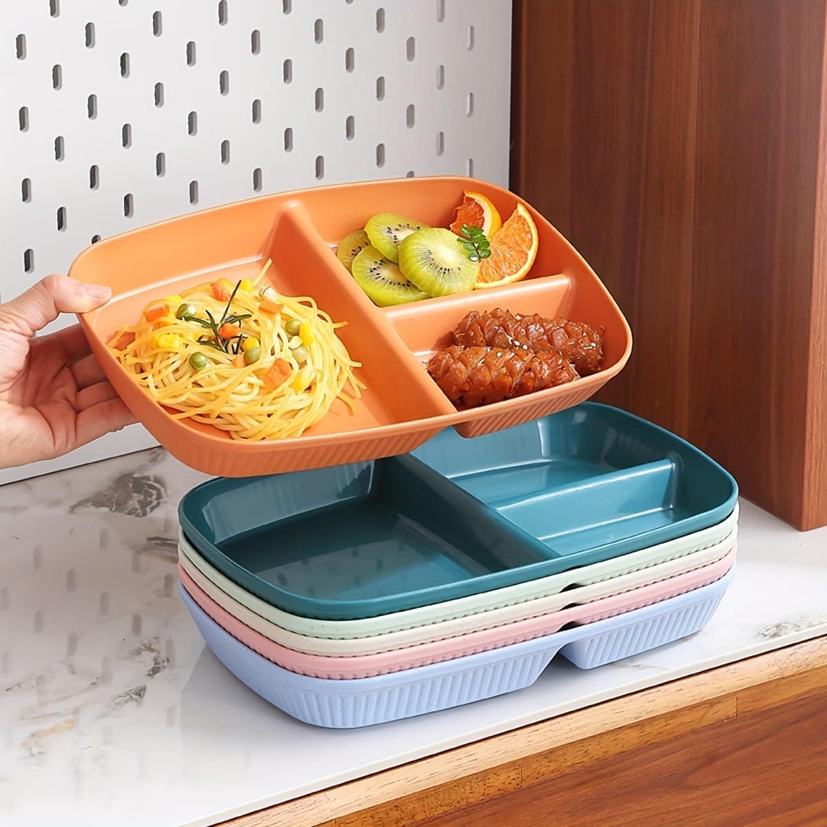 Oicia Wheat Straw Kids Plates Divided Toddler Plate Portion Control Plate 3Compartment Unbreakable Fast Food Tray Microwave Dishwasher Safe Healthy Dinner Plates Random Color Pack of 6