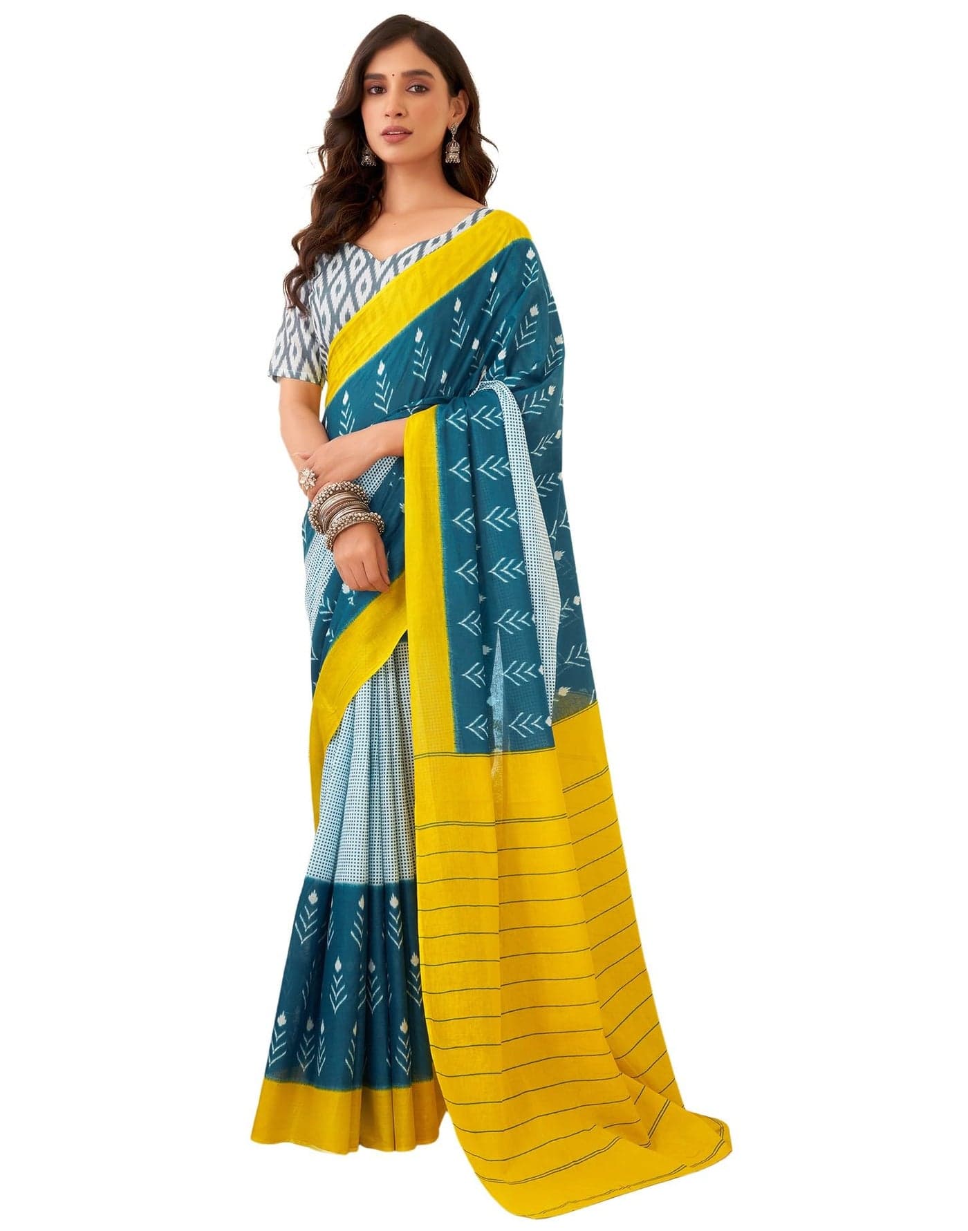 SIRIL Women's Pure Cotton Printed Saree With Unstitched Blouse Piece (3885S378_Rama & Yellow)