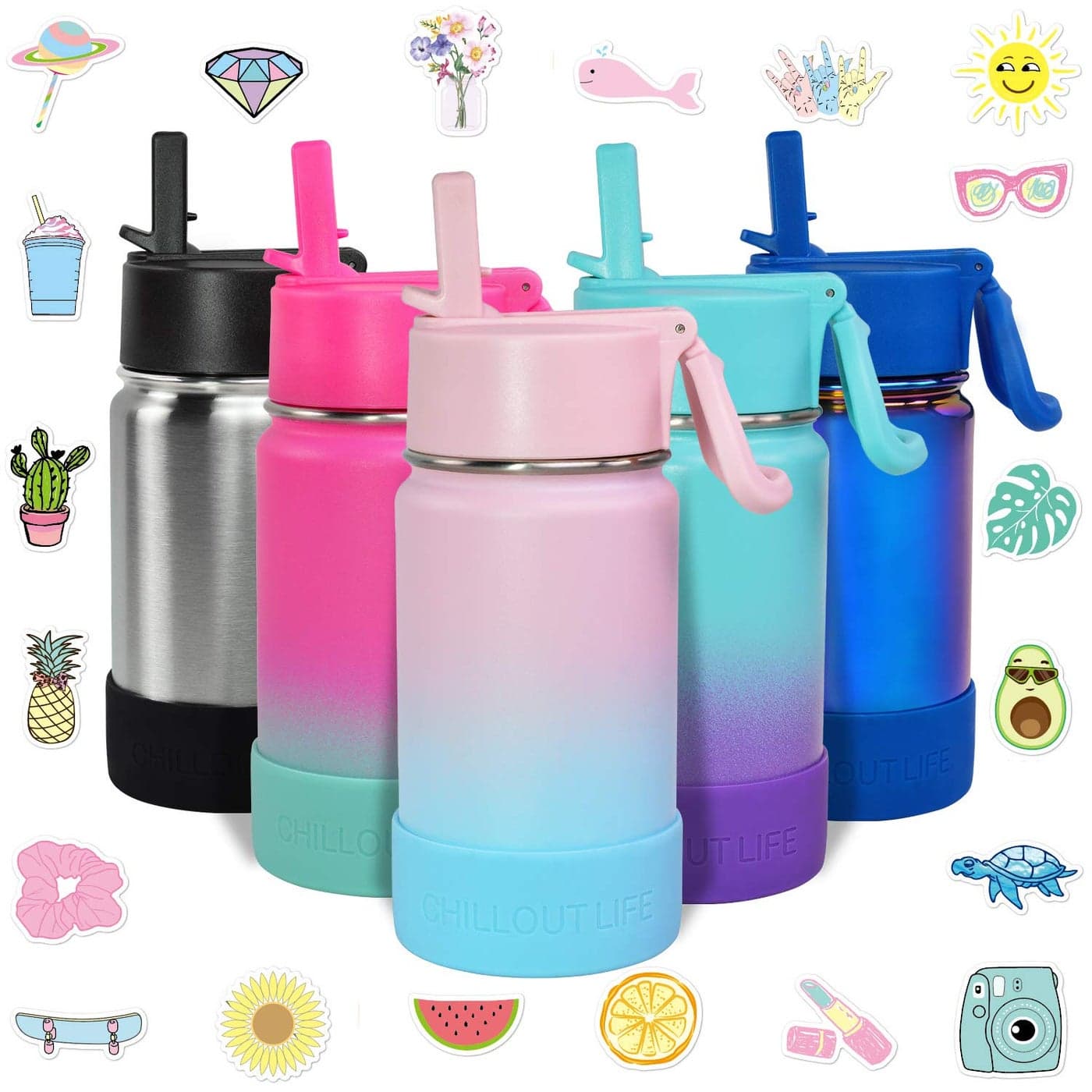 CHILLOUT LIFE 12 oz Kids Insulated Water Bottle for School with Straw Lid Leakproof and Cute Waterproof Stickers Personalized Stainless Steel Thermos Flask Metal Water Bottle for Girls Boys