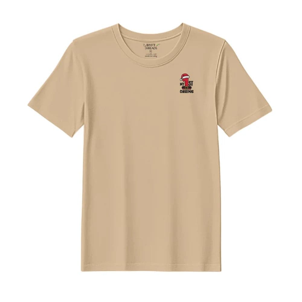 Threads Medium Beige Polycotton T-Shirt - Christmas "My 1st Christmas" Embroidered Design, Premium Holiday Collection