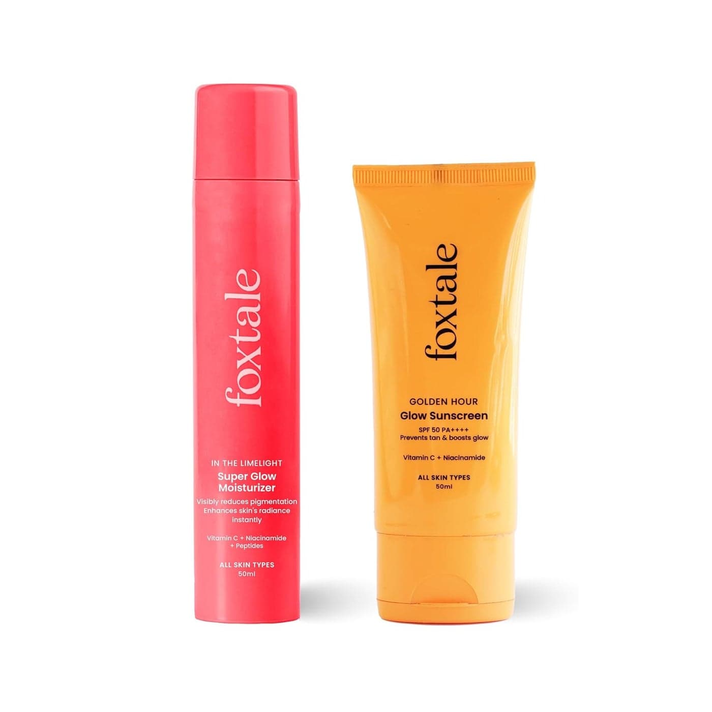 Foxtale Golden Glow Duo SPF 50 Glow Sunscreen Super Glow Moisturizer Vitamin C Niacinamide Peptides Brightens Hydrates Prevents Tan Pigmentation Lightweight NonSticky No White Cast All Skin Types Summer Essentials