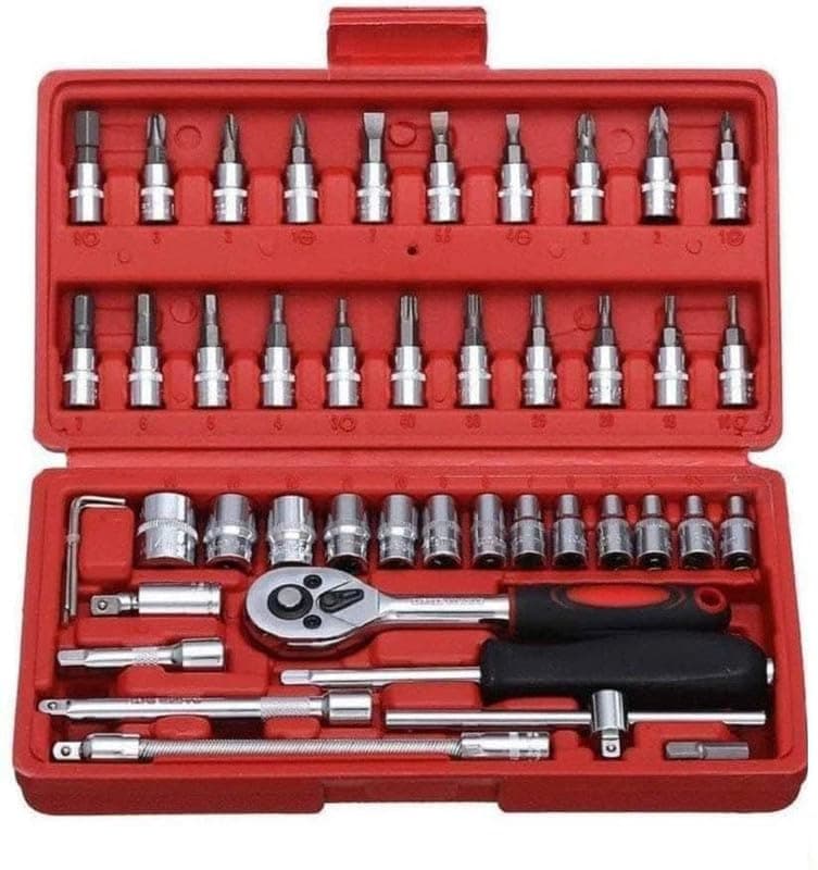 ABIEL 46 in 1 Pcs Tool Kit, Screwdriver & Socket Set | Manual Hand Wrench Box | Multi Purpose Combination Case & Precision Socket Set | Essential Hardware & Mechanic Tool for all Bike & Car (Red)