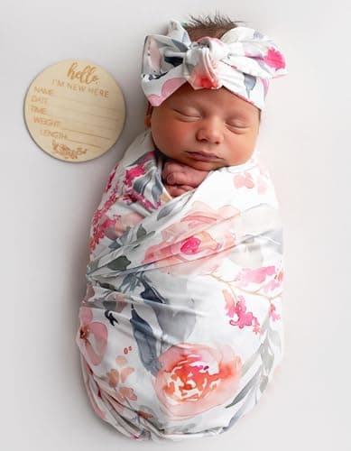 Vollmic Newborn Baby Girl Receiving Blanket Swaddle Blanket Stretchy Knit Swaddle Set with Matching Headband Beanie with a Name Card Pink Floral Ink Leaf