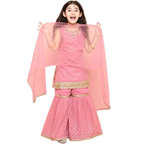 AJ DEZINES Girls Sharara Kurta Set | Georgette Sleeveless Kurti Set | Ethnic Wear for Girls | Foil Printed Sharara Suit | Stylish Kids Kurta for Festivals Weddings & Special Occasions | RANI-7