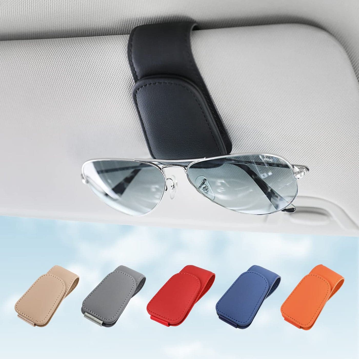 KanSmart Sunglass Holder for Car Sun Visor Magnetic Sunglasses Clip Leather Glasses Eyeglass Holder and Ticket Card Clip Auto Interior Accessories Universal for Car SUV Truck Pickup Black