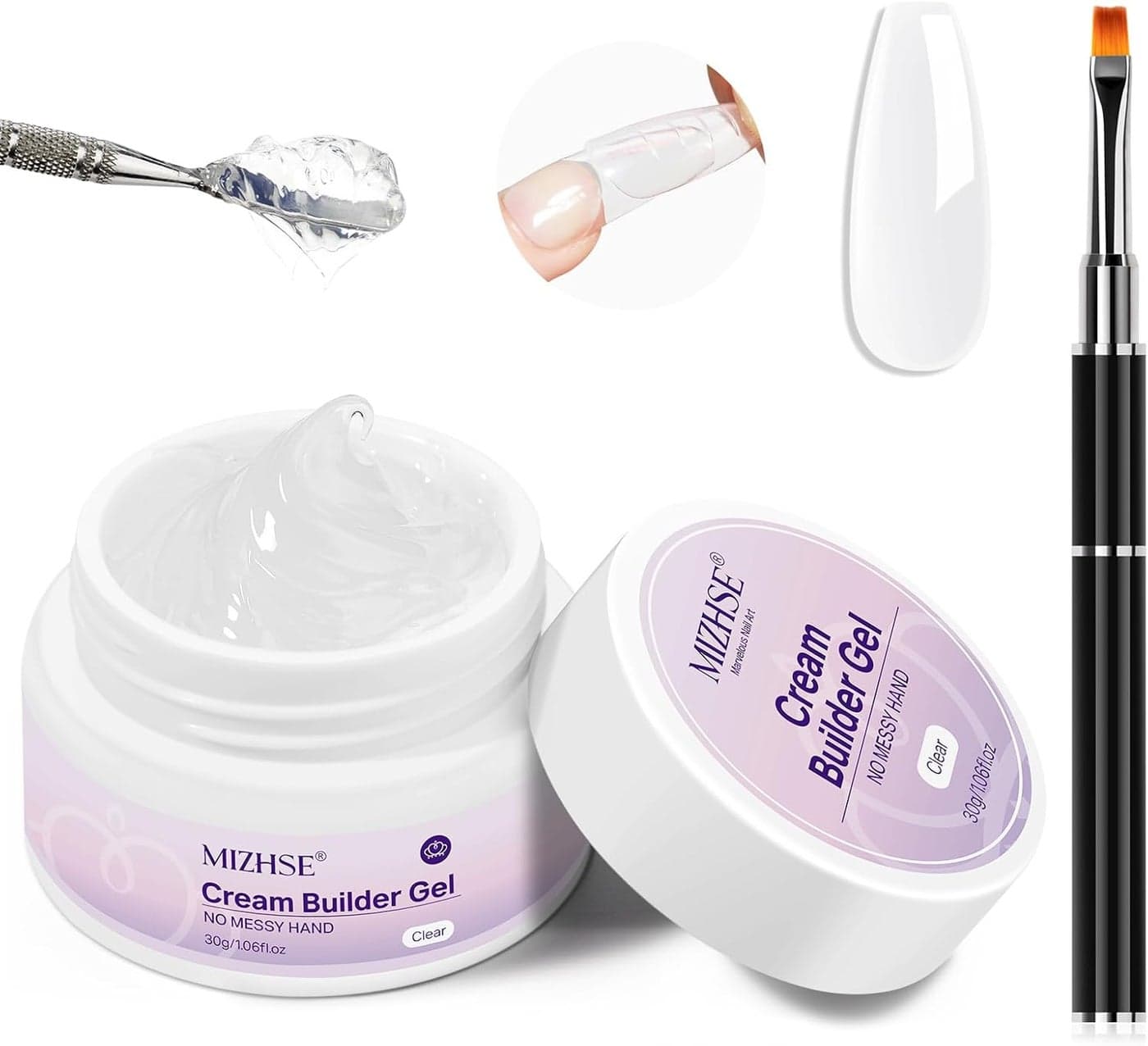 MIZHSE Builder Gel for Nails 30g Clear Nail Extension Gel LEDUV Reinforcement Kit Art Manicure Kit with Nail Brush for DIY Salon at Home Need Lamp Cure
