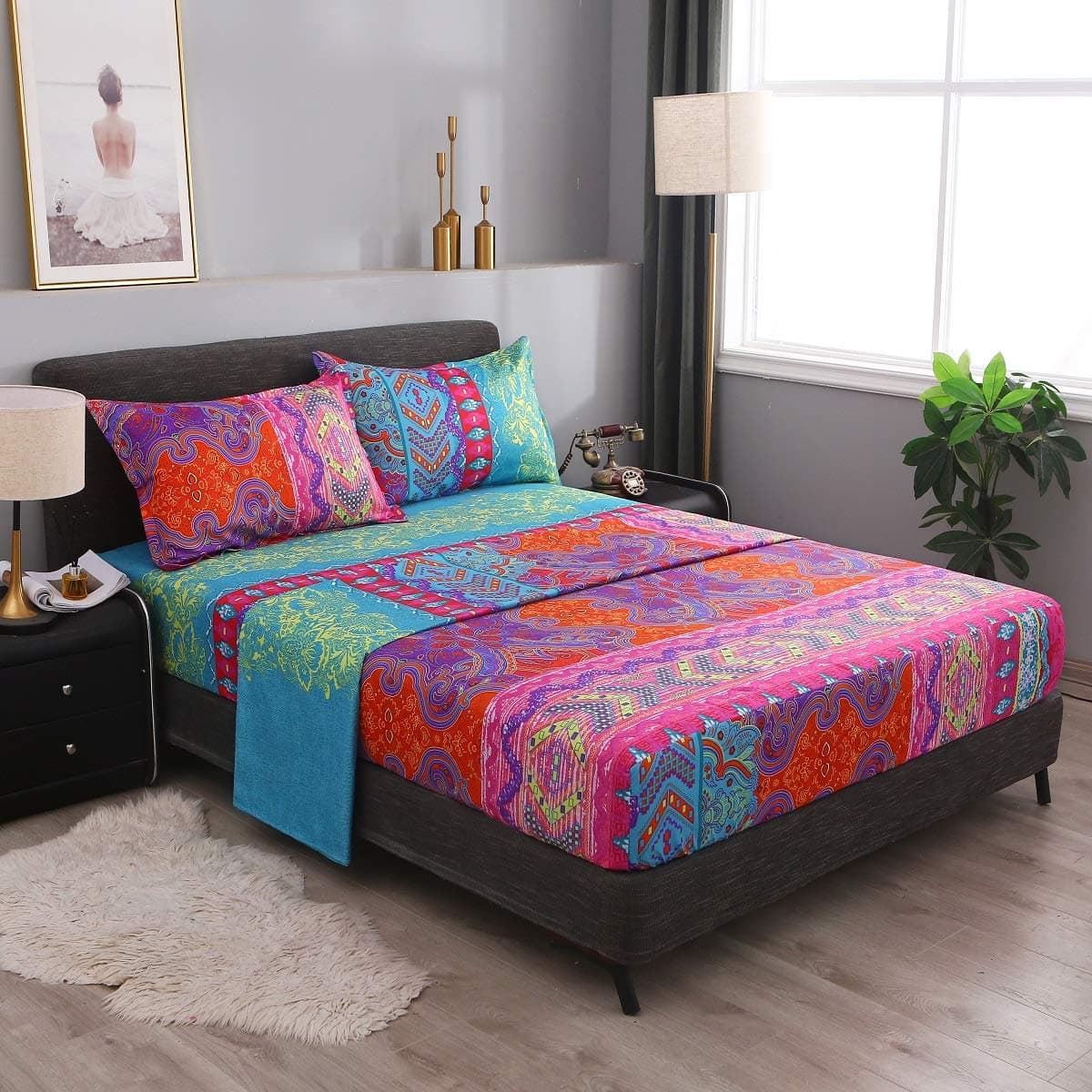 Pangzi Bohemian Retro Bedding Sheet Set1 Fitted Sheet 1 Flat 2 Pillow Cases 4 Piece King Red