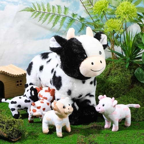 Hollowfly 5 Pcs Cow Stuffed Animals Set Mommy Cow and 4 Baby Plushies with Magnets 98 Inch Plush Animals Toy Gifts for Kids Birthday Party Favors Farm Decorations Party Christmas