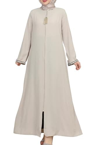 istanbul styles Women's Stone Sleeves Abaya Long Sleeve Floor Length Zipper Floor Length Turkey Islamic Fashion (Beige, XXX-Large)