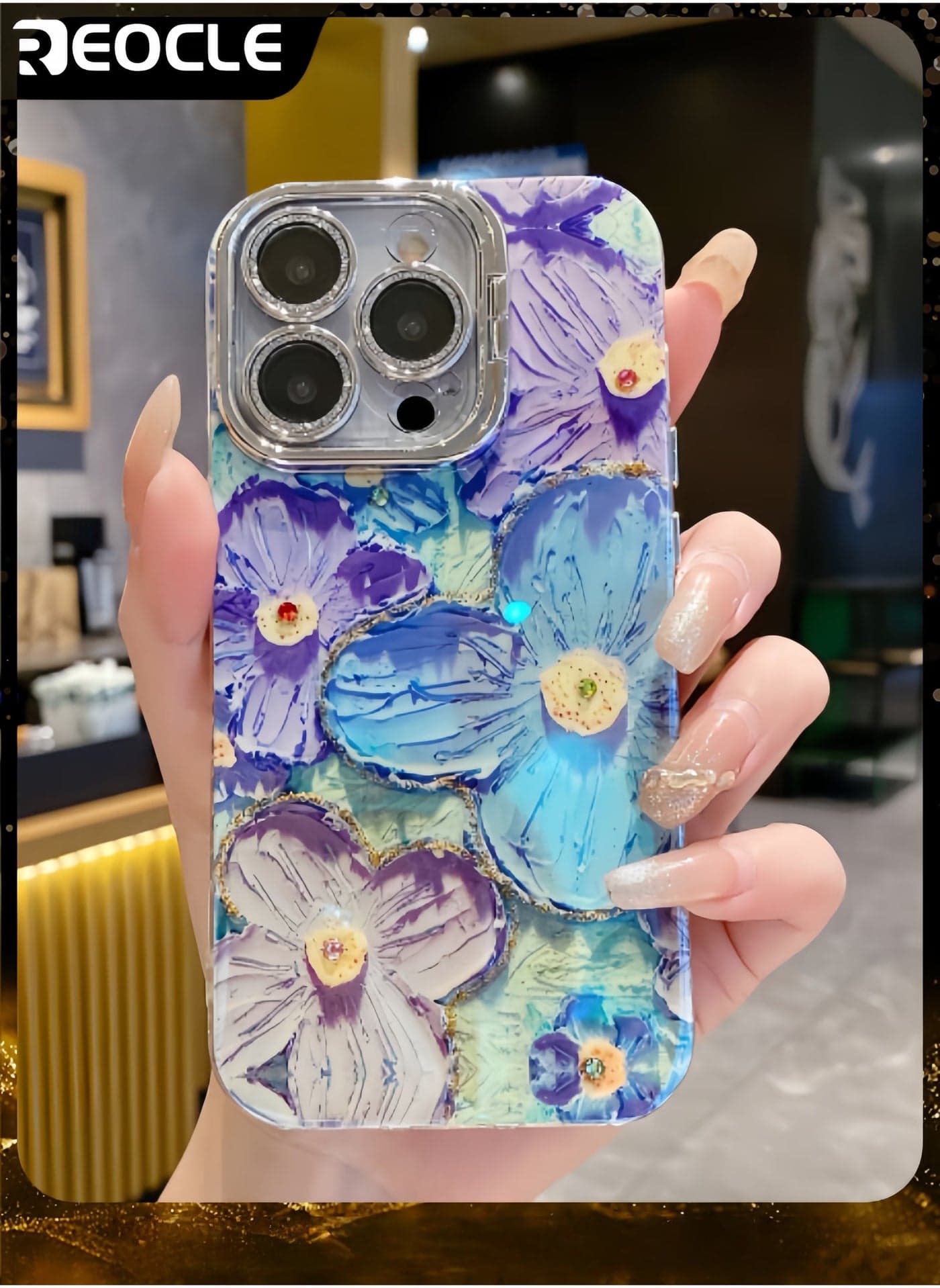 Phone Case for iPhone 14Pro Max Colorful Retro Oil Painting Printed Flower Laser Beam Glossy Pattern Cute Curly Waves Border Exquisite Phone Cover Stylish Durable Protective Case for Girls