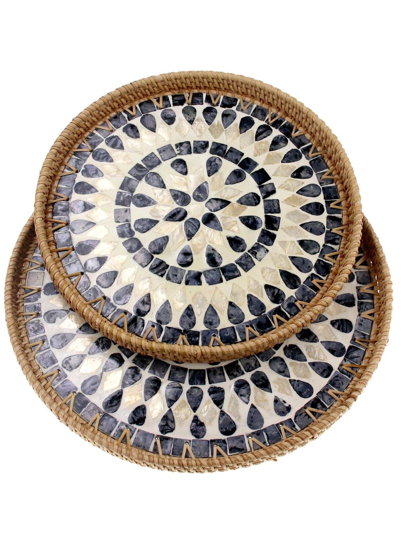 Set of 2 Sizes Round Rattan Serving Tray with Mother of Pearl Inlay, Handwoven Coffee Table Boho Decor Basket for Bread Fruit Food Kitchen Home Office Waterdrop Black,35cm+30cm