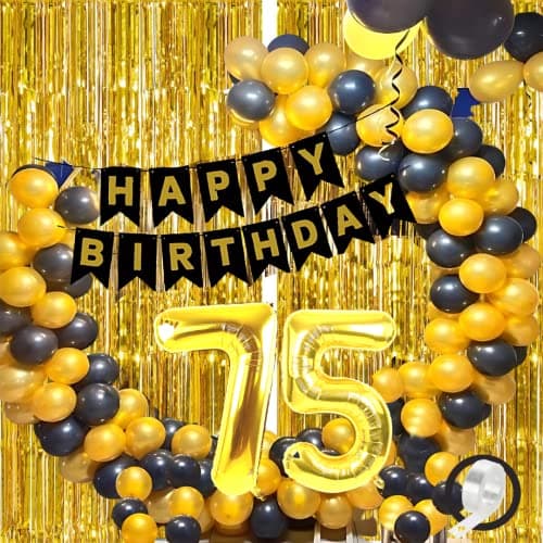Flyloons 75th Black Gold Happy Birthday Decoration for Girls Kids Boys with Black Happy Birthday Banner,Black,Gold Balloons, Golden Foil Curtain,Arch Tape birthday celebration items for room