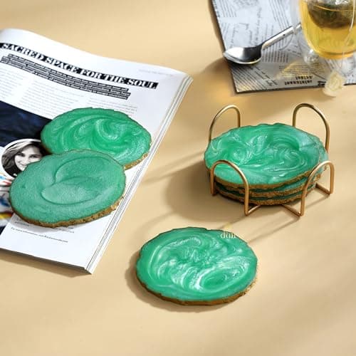 DULI Resin Coasters Set of 6 with Stand - Bar Wine Coasters for Table - Set of 6 Classy Yet Stylist Handmade Marble Stone Coaster Set with Holder (ResinCoasterW/G-Stand: Green)
