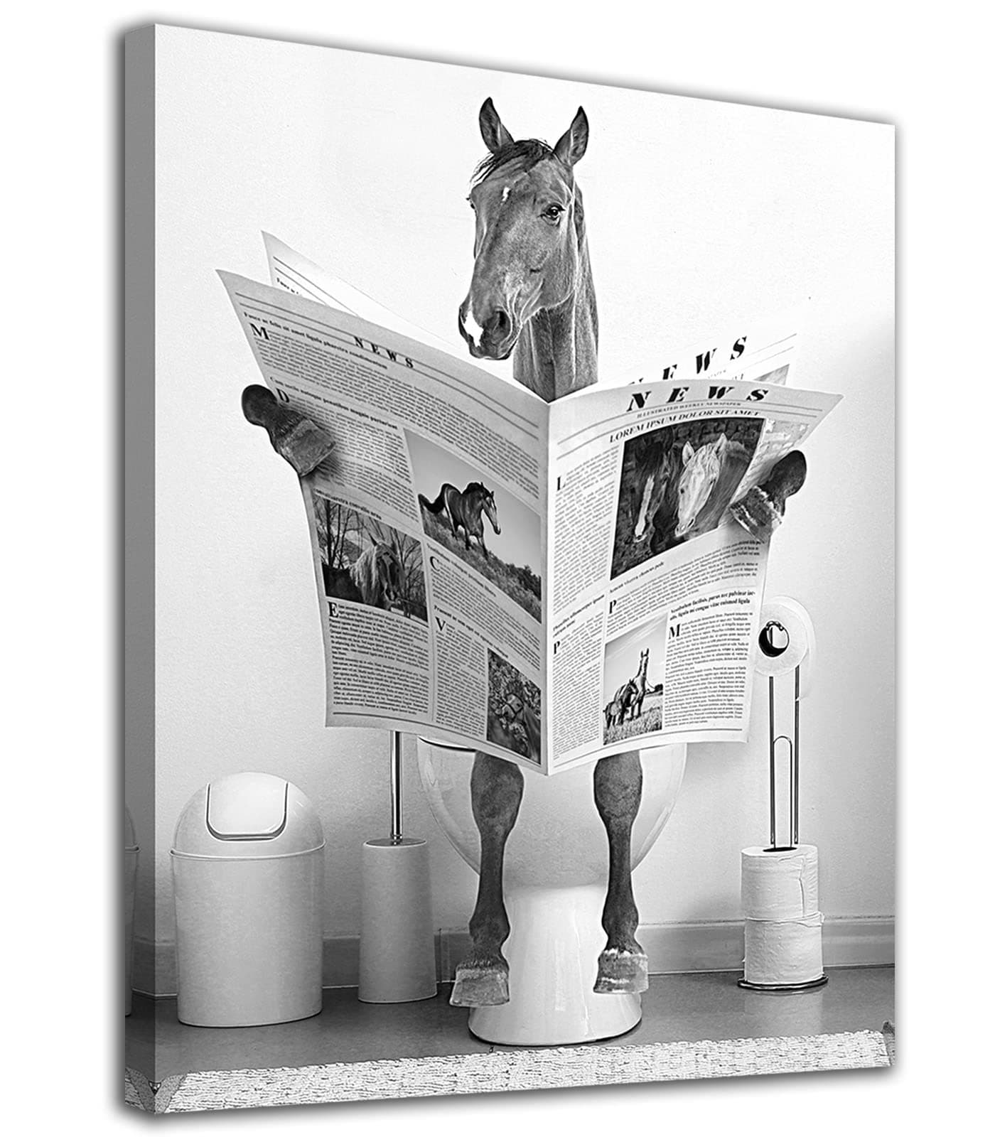 Fun Horse Bathroom Canvas Wall Art - Black & White Horse Sitting on Toilet Reading Newspaper - 12" x 16" Ready to Hang
