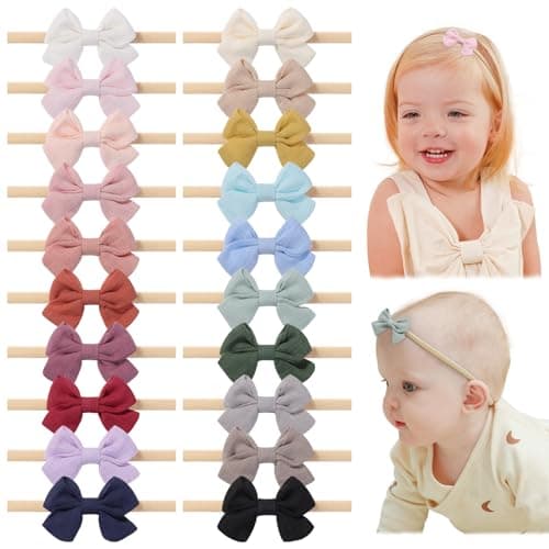 jollybows 20pcs Baby Girl Bow Headbands Newborn Nylon Hairband 2 Neutral Linen Infant Hair Bows