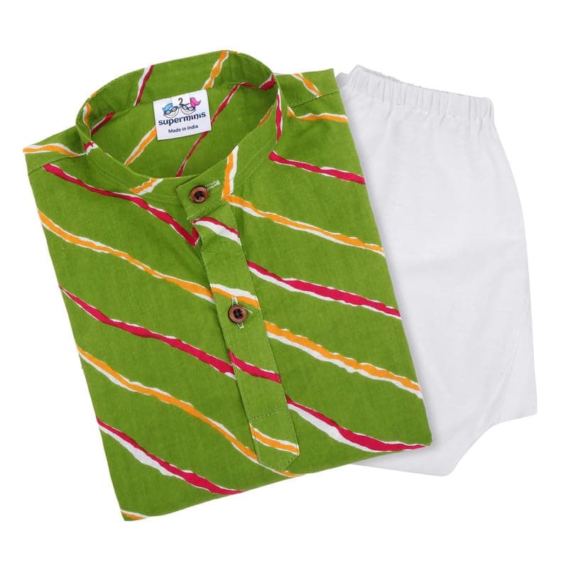 superminis Boys Sanganeri Lehariya Print Kurta and White Pyjama with Elastic Closure (4-5 Years, Green)