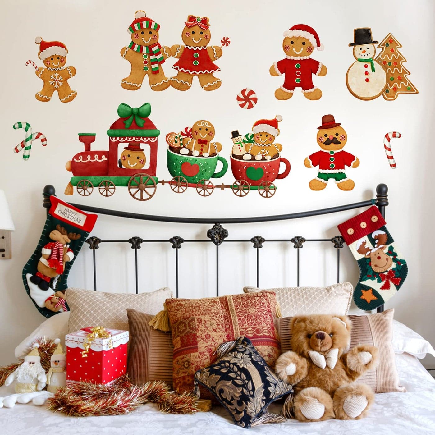Yovkky Christmas Gingerbread Man Wall Decals Stickers Xmas Snowman Santa Claus Winter Home Bedroom Decor 2025 New Year Candy Cane Peppermint Cookie Kitchen Living Room Decorations Art Holiday Gift
