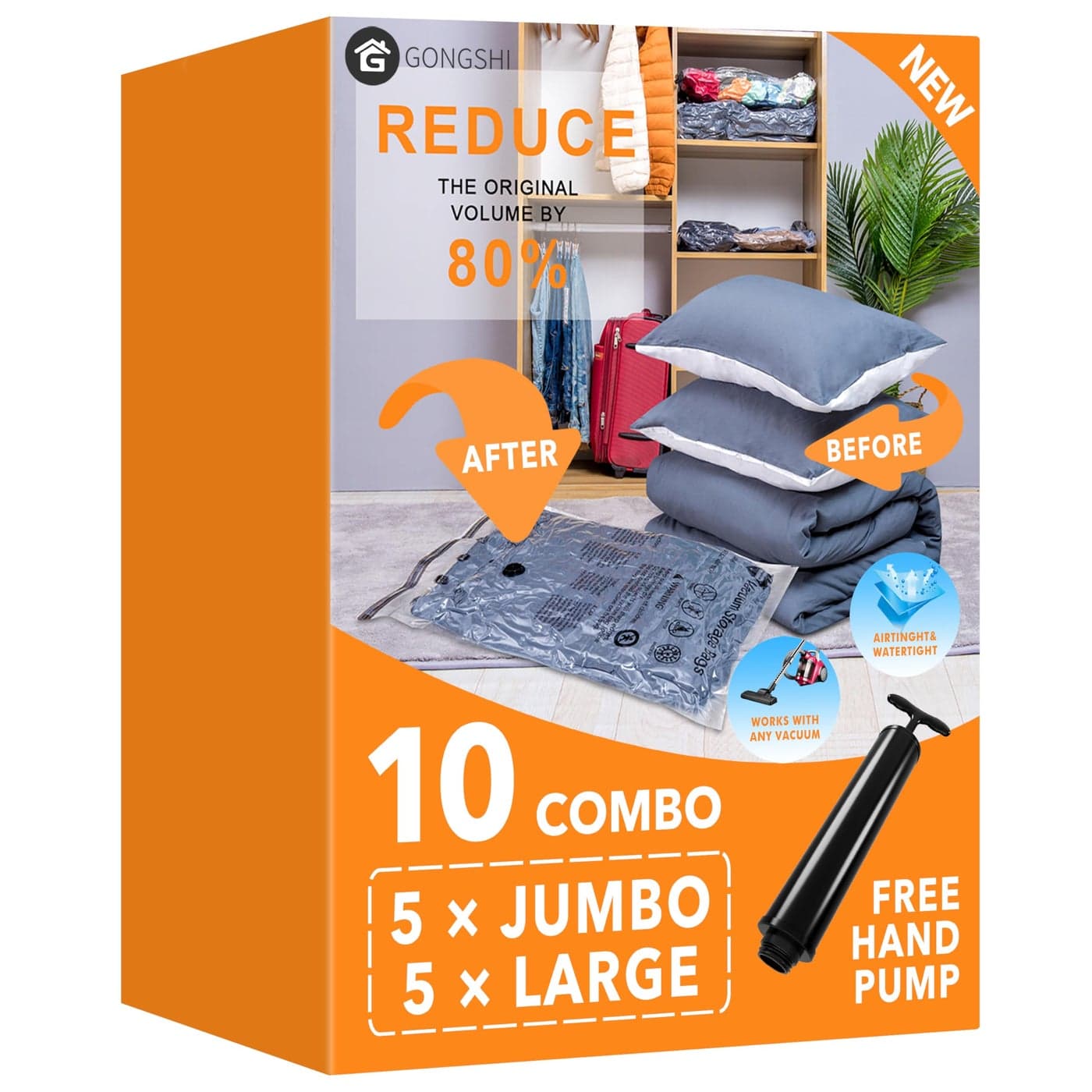 Vacuum Storage Bags 5 x Jumbo 5 x Large Space Saver Sealer Compression Bags with Travel Hand Pump for Blankets Comforters Pillows Clothes Storage
