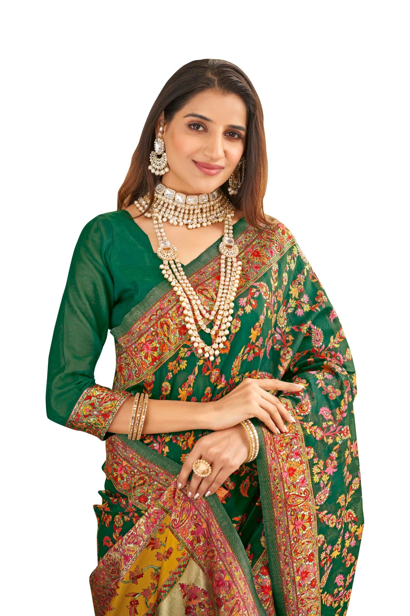Glory Sarees Women's Kashmiri Cotton Woven Saree With Blouse Piece (Heritage_Silk111_Green)