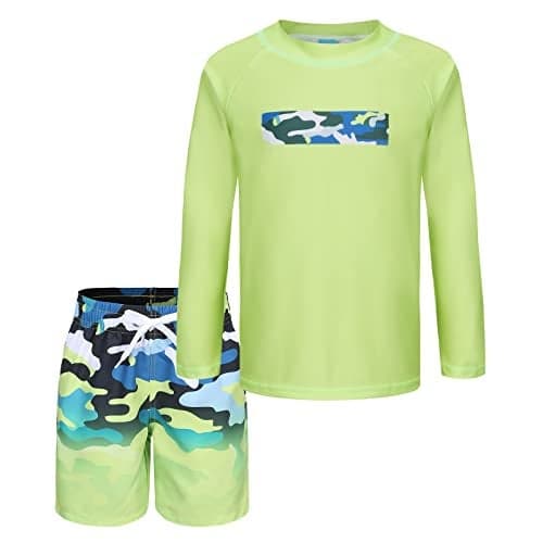 Boys Two Piece Rash Guard Swimsuits Set with Swim Trunk Kids Long Sleeve Bathing Suit Swimwear Set Green Gradient Camo Size 14/12-14 Years