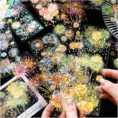Holographic Fireworks Stickers for Journaling and Crafts 12 Sheets Transparent PET Stickers for Scrapbooking Junk Journal Supplies Collage DIY Paper Arts Decorative