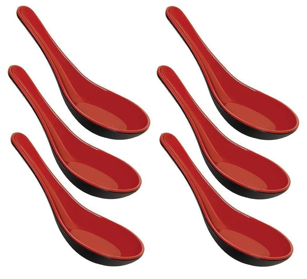 Happy Sales Melamine Soba Rice Spoons Chinese Won Ton Soup Spoon Asian Red and Black 6 Pack Plain Style