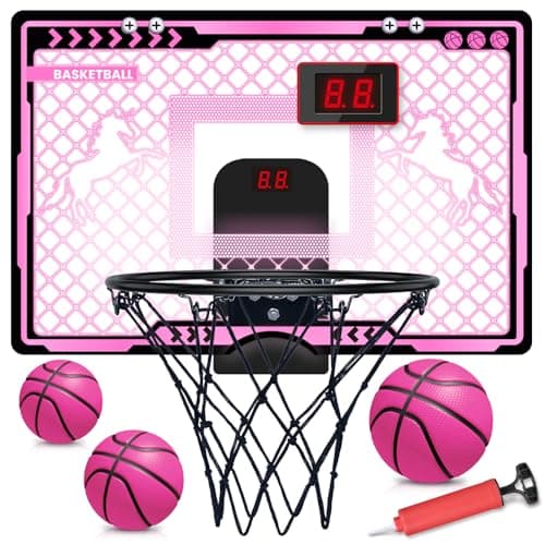Basketball Hoop Indoor Kids Girls Pink Mini Over The Door Basketball Hoops with Electronic Scoreboard Toys 3 Balls Unicorn Birthday Gifts Age 5 6 7 8 9 10 11 12 Year Old Girls