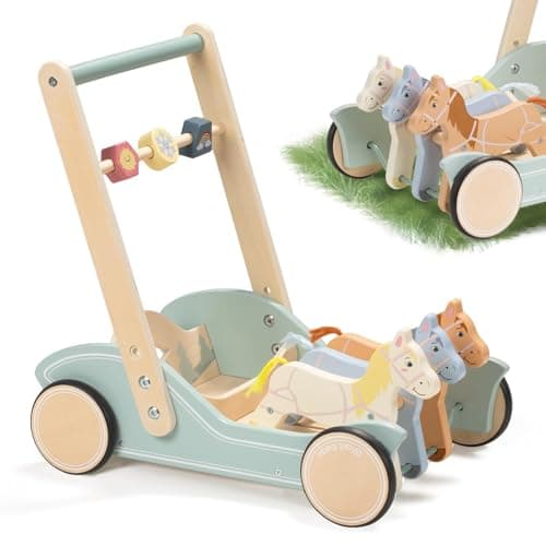 Giant bean Wooden Baby Push Walker for Boys Girls Ages 13 Galloping Ponies Push and Pull Activity Walker Adjustable Speed Baby Push Walker Christmas Gift for Toddler Kids Motor Skills Creativity