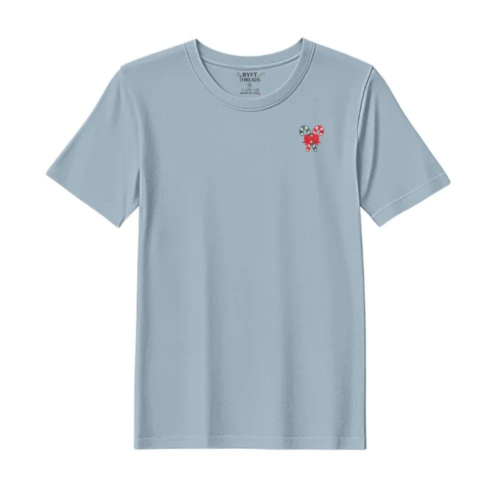 Threads XXL Baby Blue Polycotton T-Shirt - Christmas "Christmas Candy Canes with Bow" Embroidered Design, Premium Holiday Collection