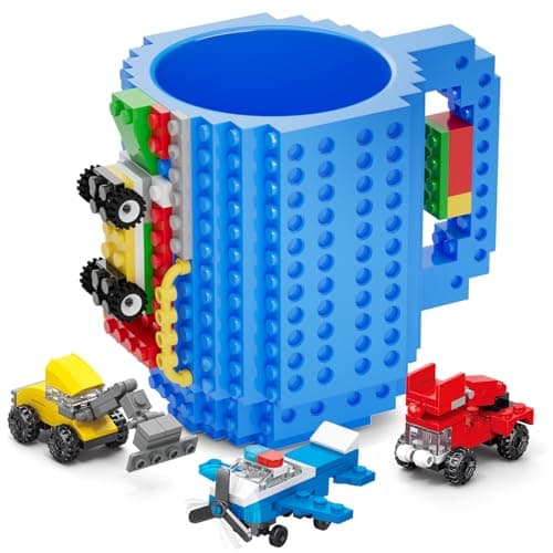 DAYMOO Build-on Brick Mug Set with 3 Random Packs of 2-in-1 Bricks, Cool Coffee Mugs for Kids, Creative Novelty Funny Coffee Mug Cup Gift for Kids Men Dad Adults Women Xmas Christmas - Blue
