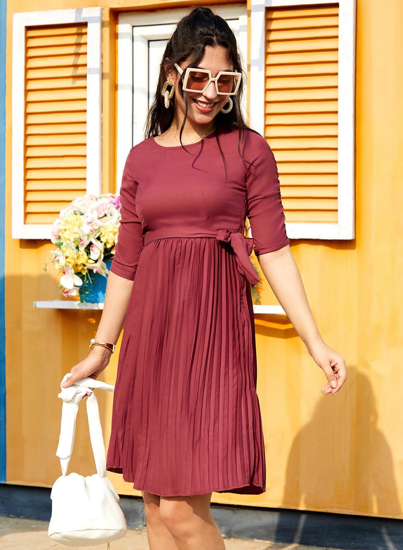 Women's Maroon Red Pleated Tie-Up Dress