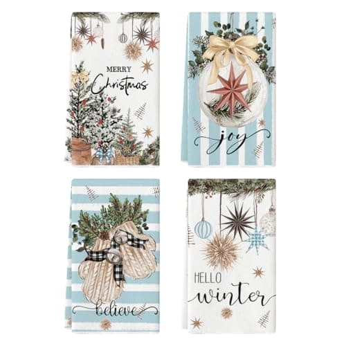 Artoid Mode Blue Xmas Tree Merry Christmas Kitchen Towels Dish Towels 18x26 Inch Holiday Gloves Ball Hello Winter Decoration Hand Towels Set of 4