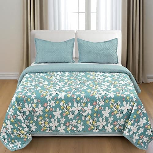 DECOMIZER Ultrasonic 280 TC Quilted Bedsheet King Size Double Bed | 100% Cotton| All Season Flat Bed Sheet with 2 Pillow Covers | Supersoft Bedding Bedcover Set| Blue White Flower