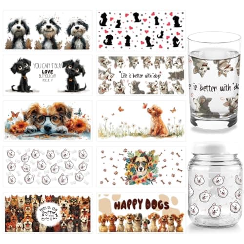arricraft 10 Sheets Dog UV DTF Cup Wrap for 16OZ Glass Life is Better with Dogs Rub on Decals Cartoon Paw Print Bone Heart Animal Transfer Stickers for DIY Bottles Dog Food Container Women