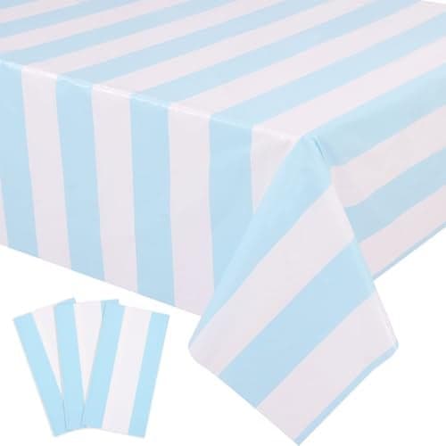 Kesfey 3 Packs Light Blue and White Striped Table Cloth 54 x 108 Inches Bluey Stripe Table Cover Disposable Plastic Beach Tablecloths Waterproof Rectangle Picnic Tablecover for Pool Birthday Party