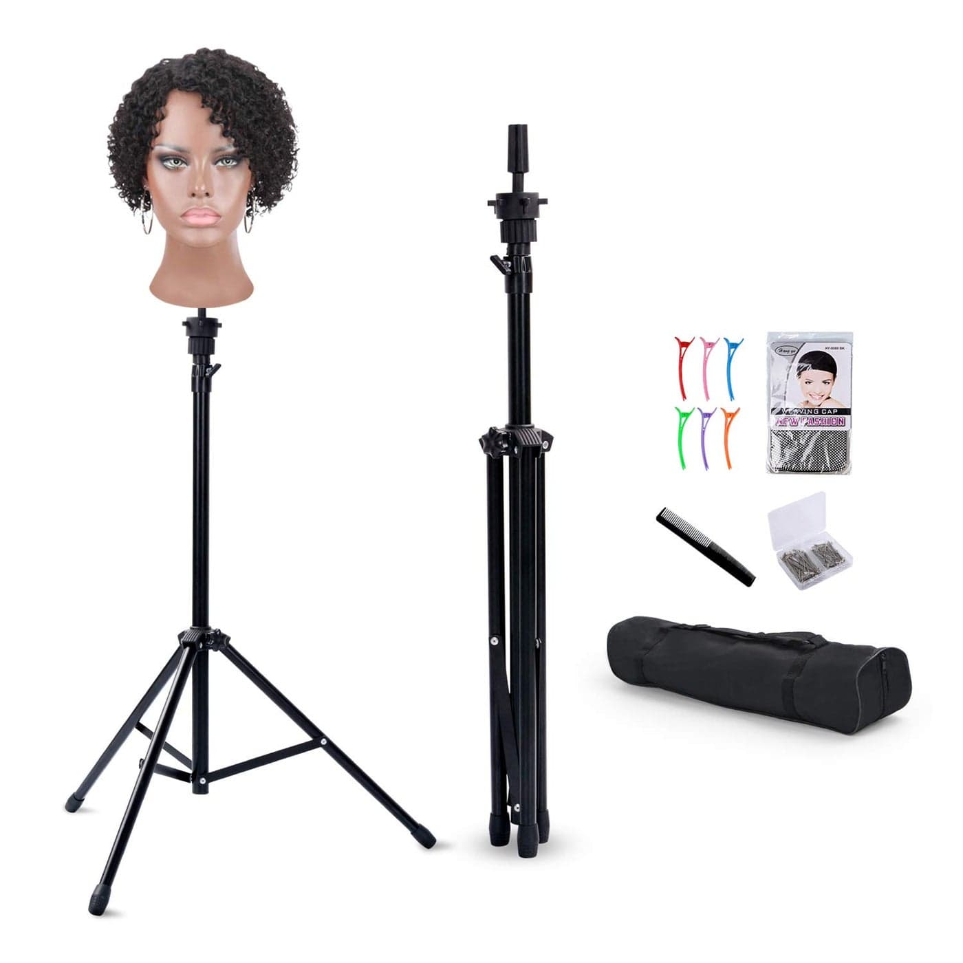 Klvied Reinforced Wig Stand Tripod Mannequin Head Stand Adjustable Holder for Cosmetology Hairdressing Training with Twith Caps TPins Comb Hair Clip Carrying Bag