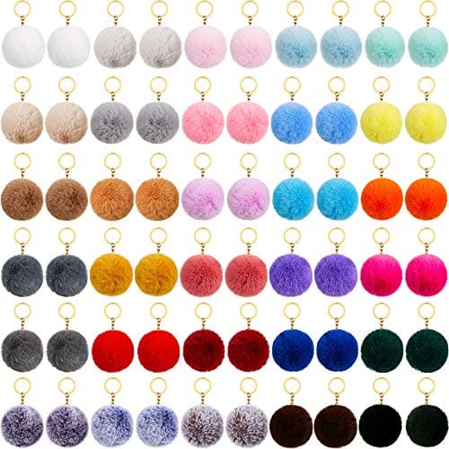 Hicarer 60 Pcs Colorful Pom Poms Keychains Fluffy Ball Bag Keychain Faux Fur Keyring Christmas Party Gifts Bulk Pink Backpack Charms Accessory for Women for Handbag Tote Bag Pendant Purse(3 Inch)