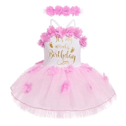 Half Way to One Baby Girl Outfit Infant 12 Birthday Party Dress Its My Half Birthday Outfits Girls Princess Tutu Tulle Romper Dresses 6 Months Photoshooting Summer Casual Clothes Pink 69 Months