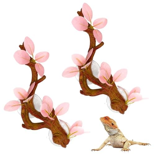 kathson 2 PCS Reptile Corner Branch Lizard Climb Branches Decor Terrarium Plant Decoration with Suction Cup Reptile Tank Plant Ornament for Bearded Dragons Gecko Snake Spider Frog Pink