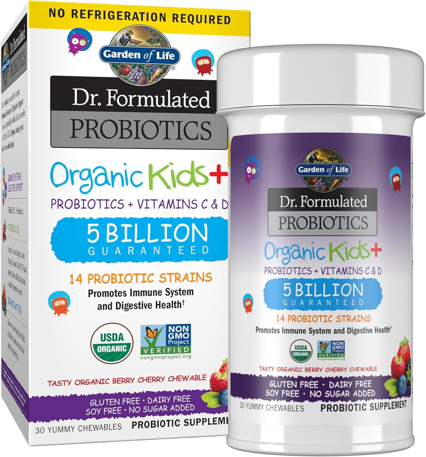 Garden of Life Dr Formulated Probiotics Organic Kids Plus Vitamin C D Berry Cherry Gluten Dairy Soy Free Immune Digestive Health Supplement No Added Sugar 30 Chewables Shelf Stable