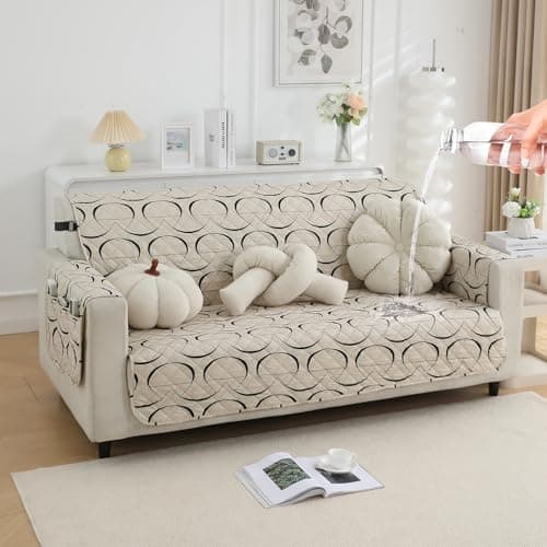HOKIPO 'Elira Series' Polyester Blend Quilted Water Repellent + Waterproof + Quick Dry Sofa Cover Mat for 3 Seater Sofa with Pockets On Armrest Cover - Natural Beige Abstract Art (AR-5240-C4)