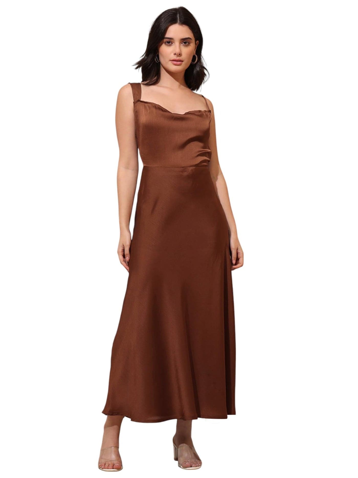 PURVAJA Women’s Cowl Neck Silk Blend Maxi Dress (Floe-114-M_Brown)
