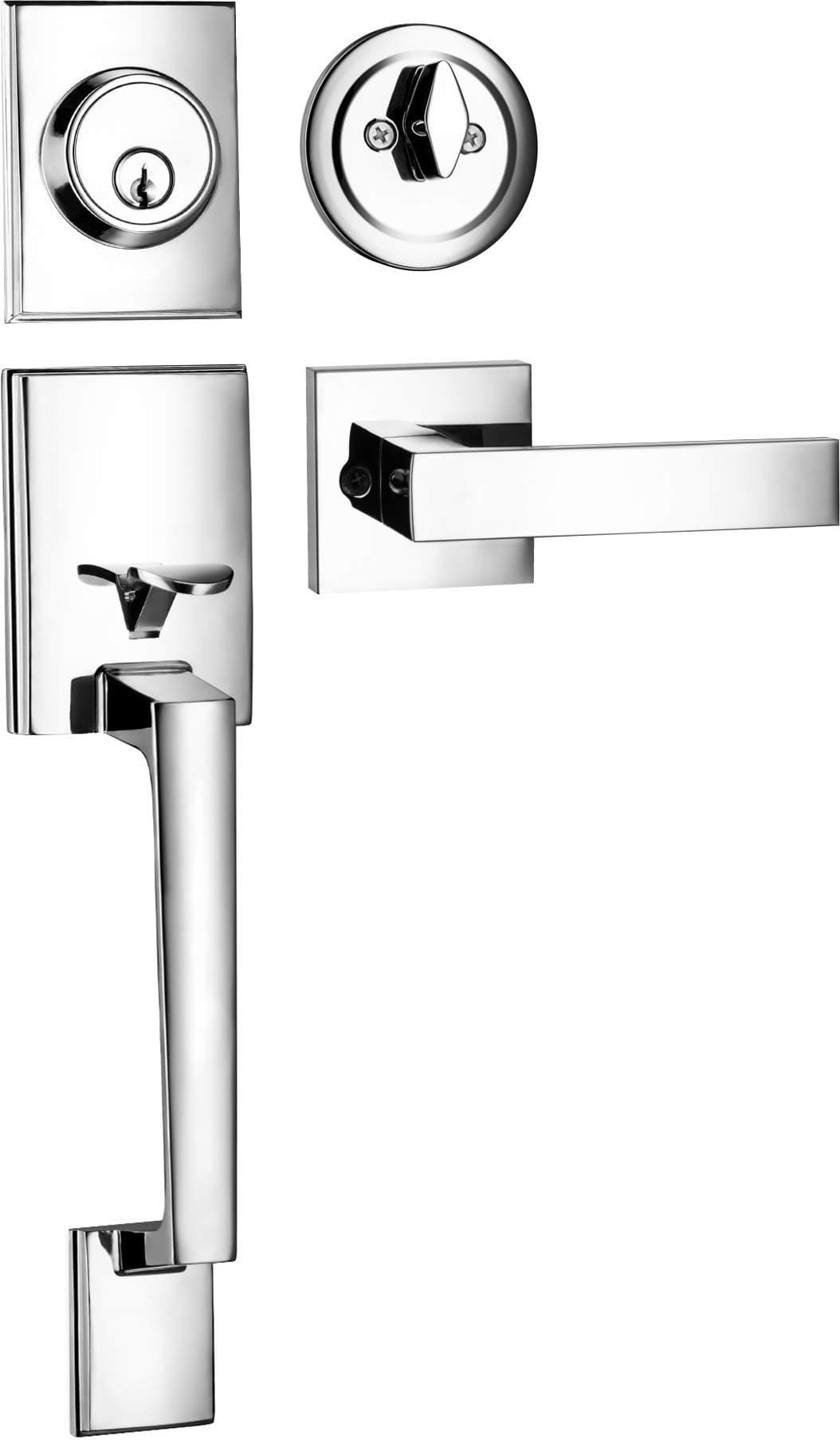 Berlin Modisch Single Cylinder HandleSet with Lever Door Handle for Entrance and Front Door Reversible for Right and Left Handed and a Single Cylinder deadbolt Handle Set Polished Chrome Finish