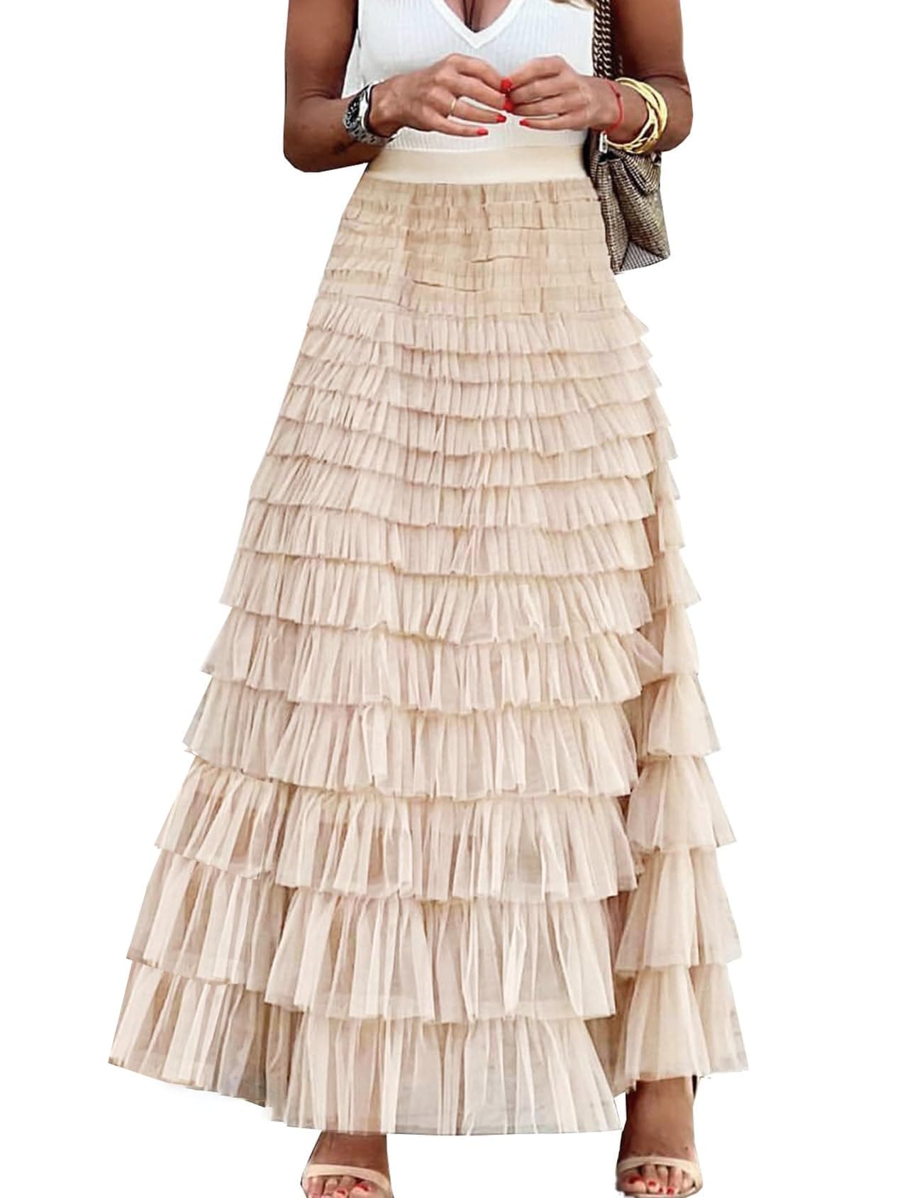 Flygo Women's Long Maxi Tulle Skirts A Line Ruffle High Waisted Tiered Layered Mesh Tutu Skirt Petticoat(Apricot-L)