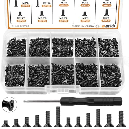 mankk 360PCS Laptop Screws 12 Sizes M2 M25 M3 Replacement Computer Tiny Screws Motherboard Screw with Screwdriver for Laptop PC Repair DIY